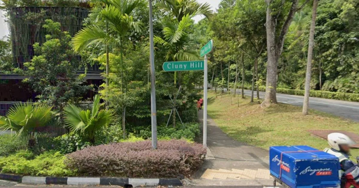 Green street sign for Cluny Hill at a leafy junction in Singapore's Cluny Hill Good Class Bungalow Area, surrounded by mature trees