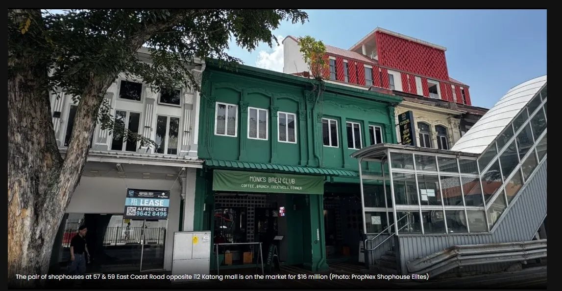 The green two-storey conservation shophouse pair at 57 and 59 East Coast Road in Katong, currently home to Monk's Brew Club, opposite i12 Katong mall