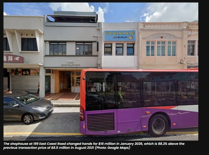 The three-storey shophouse at 199 East Coast Road, which sold for S$16 million in January 2026, 88.2 per cent above its August 2021 price