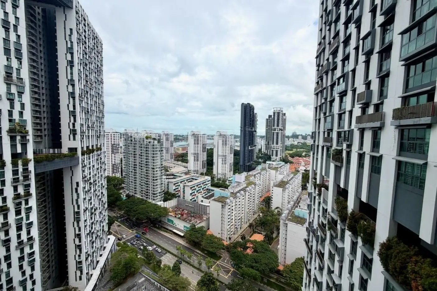 View from a high-floor living room at The Pinnacle@Duxton, looking out between two of its white tower blocks over older HDB blocks, a tree-lined road and distant towers under a cloudy sky