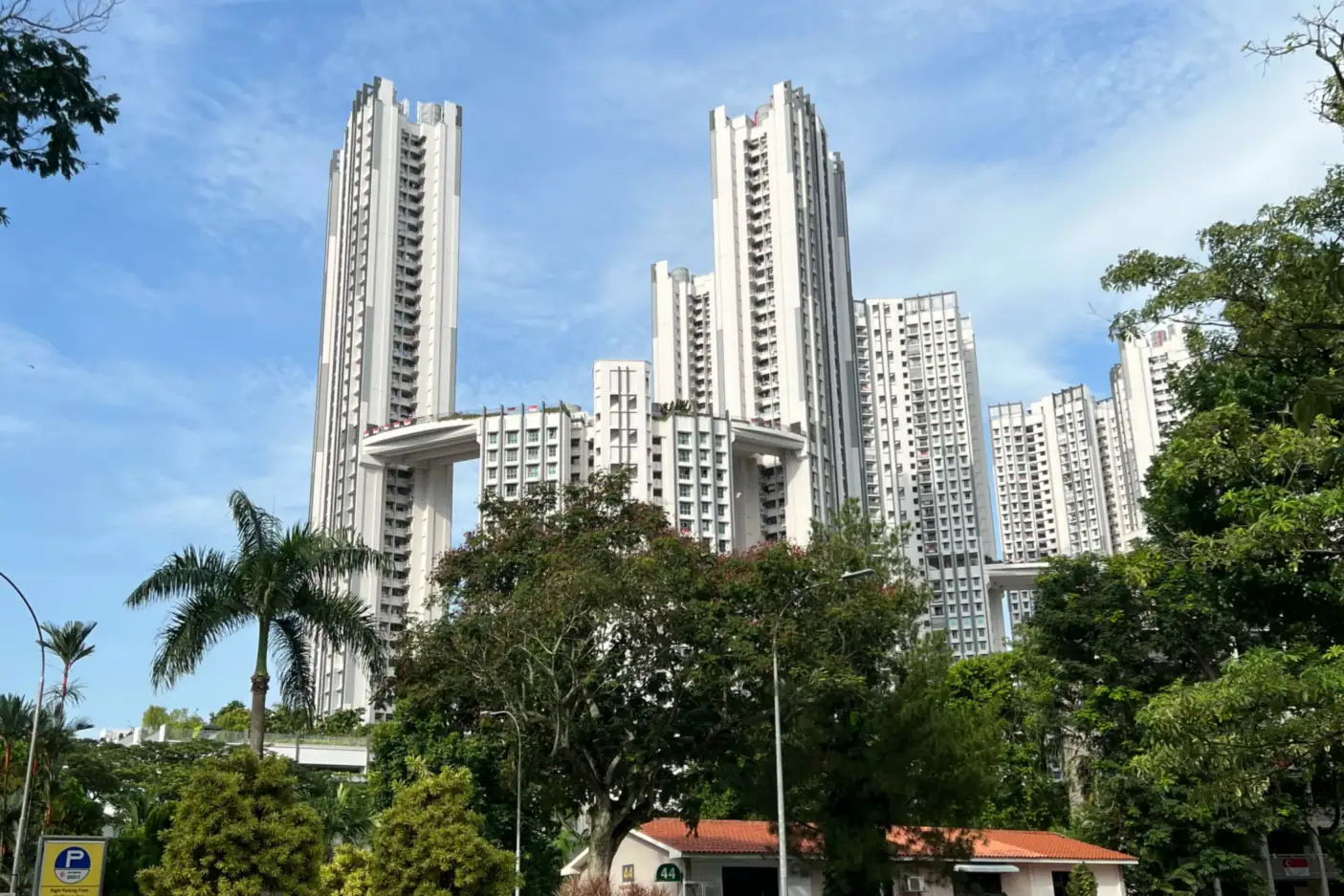 The tall white tower blocks of SkyOasis @ Dawson, a public housing project in Queenstown, joined by a sky bridge and rising above trees, a palm and a red-roofed low-rise building under a blue sky