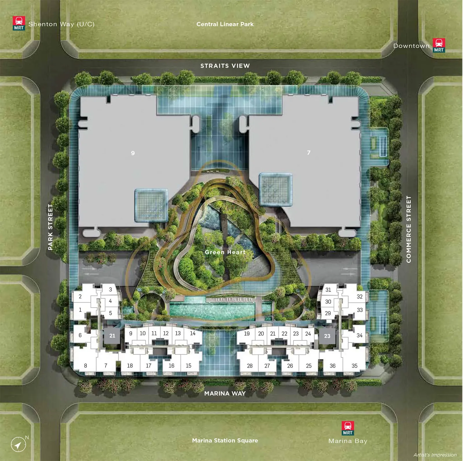 Marina One site map showing the development bounded by Straits View and Marina Way, with Downtown, Marina Bay and Shenton Way MRT stations at its corners