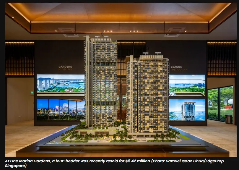 Scale model of One Marina Gardens' two residential towers displayed in the project's sales gallery, where a four-bedder was recently resold for $5.42 million