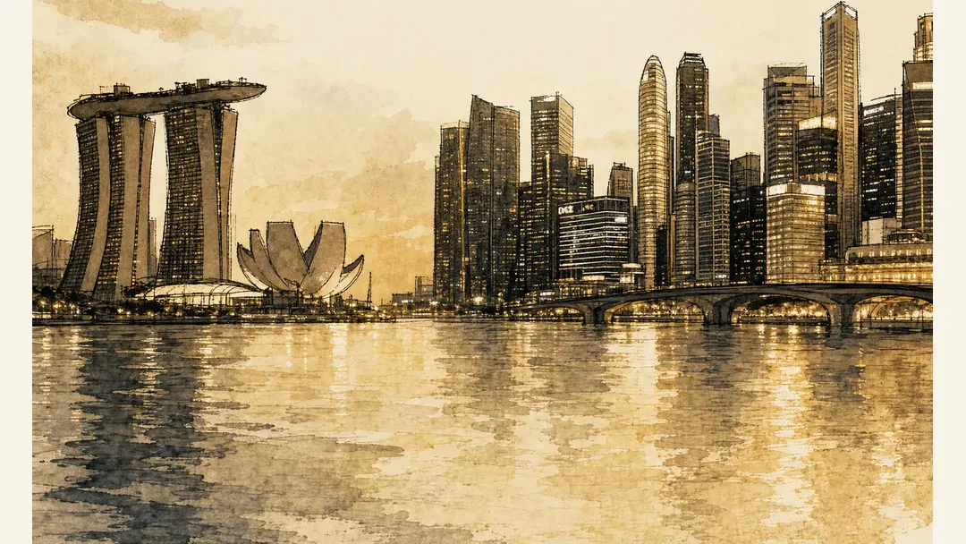 Watercolour illustration of the Marina Bay skyline at dusk, with Marina Bay Sands and the central business district reflected in the water
