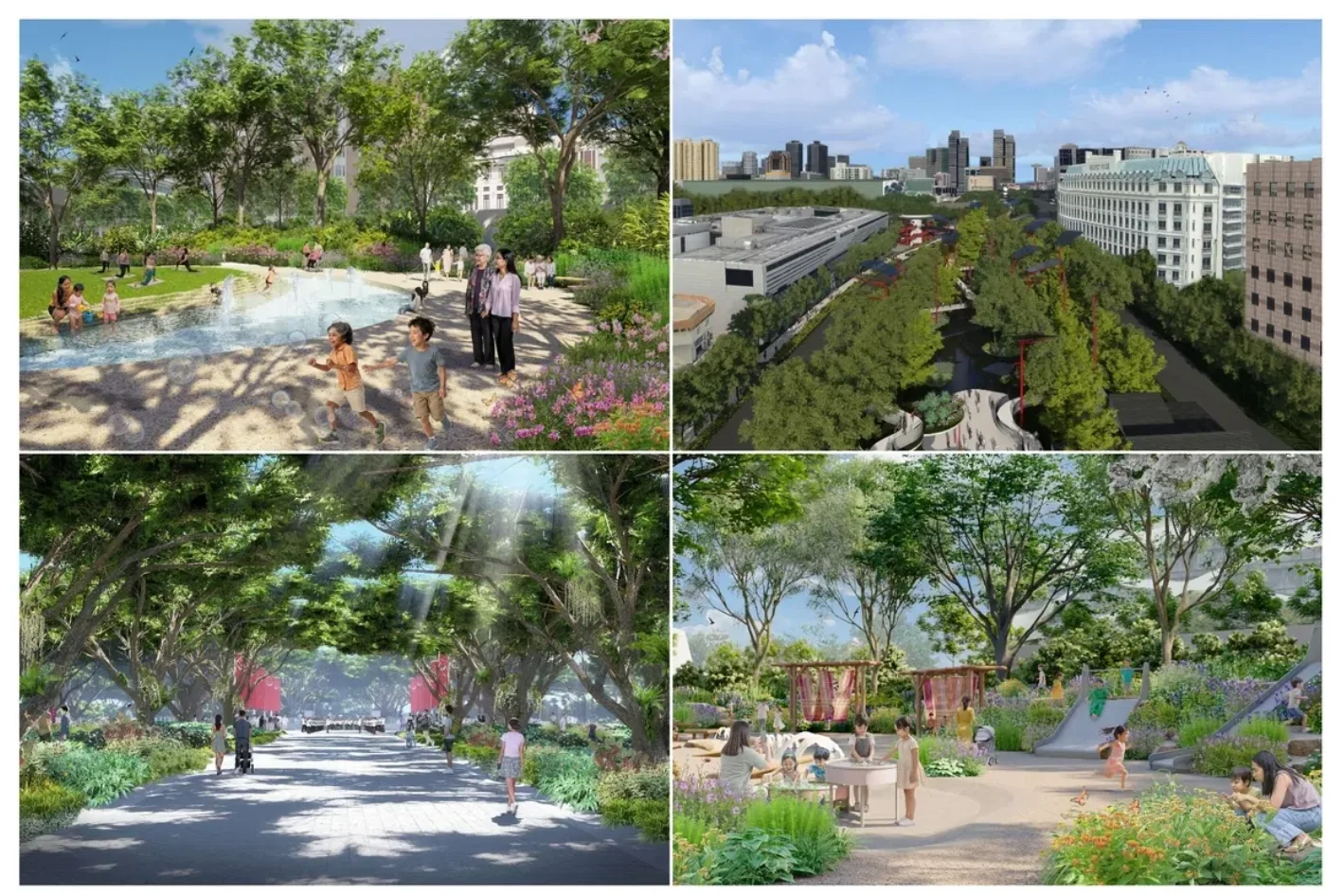 Four artist's impressions of the planned Orchard Road park, showing a water play area, an aerial view, a tree-lined promenade and a family garden