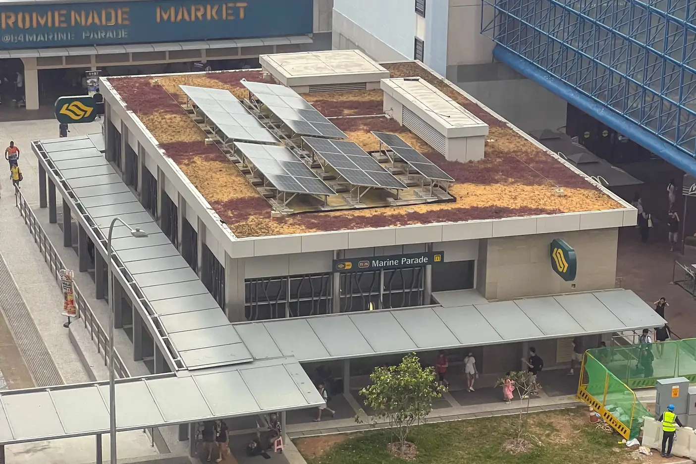 Elevated view of Exit 1 of Marine Parade MRT station on the Thomson-East Coast Line: a low building with solar panels on a planted roof, and covered walkways