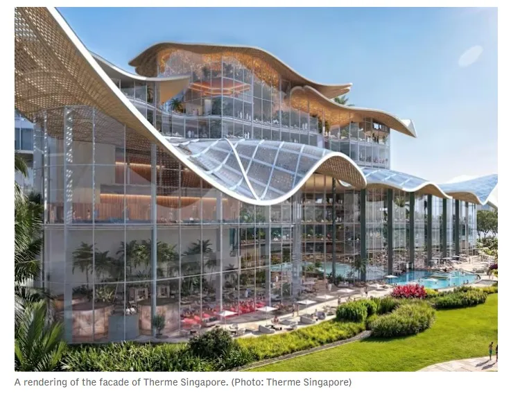Rendering of Therme Singapore's glass facade and undulating roofline from the coastal park side