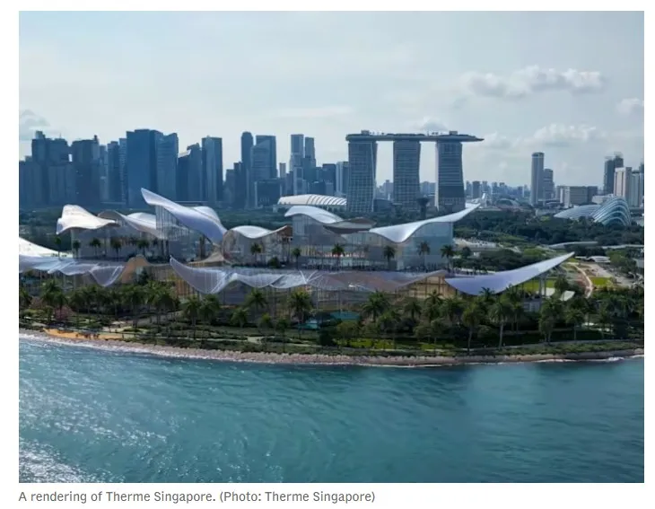 Aerial rendering of Therme Singapore's wave-like glass roofline on the Marina South waterfront, with Marina Bay Sands and the city skyline behind it