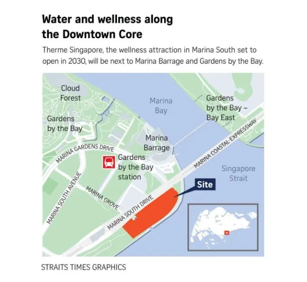 Straits Times map showing the Therme Singapore site on Marina South Drive, next to Marina Barrage and Gardens by the Bay
