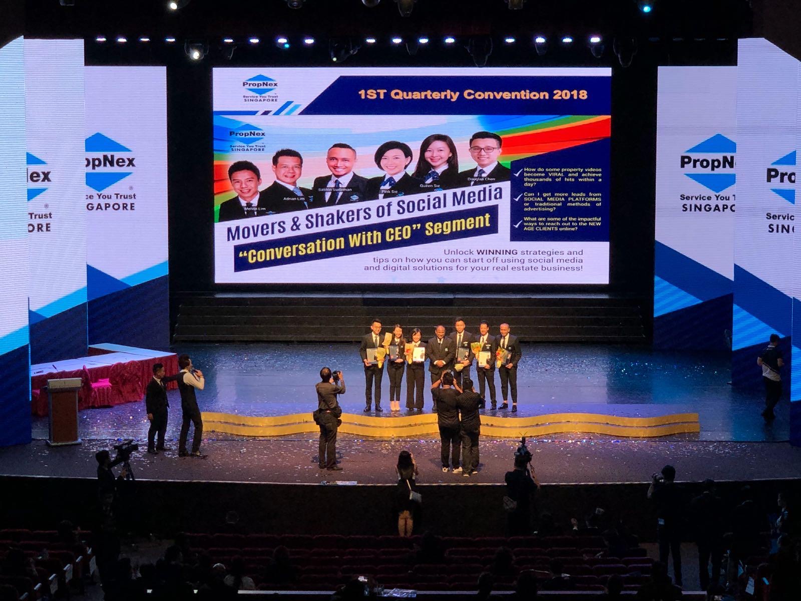 Wide view of the PropNex 1st Quarterly Convention 2018 stage with Adrian and other recipients during the Movers and Shakers segment